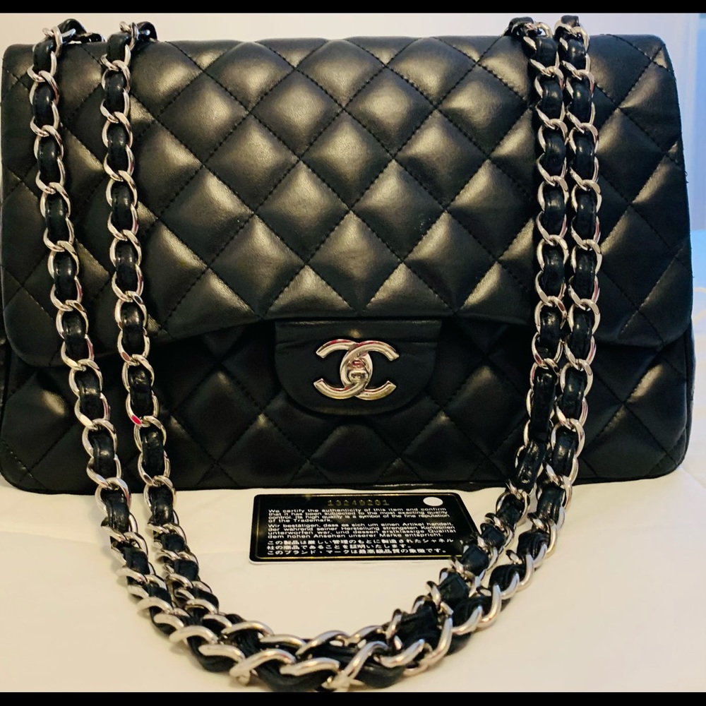 Chanel Black Lambskin silver hardware Jumbo Flap
